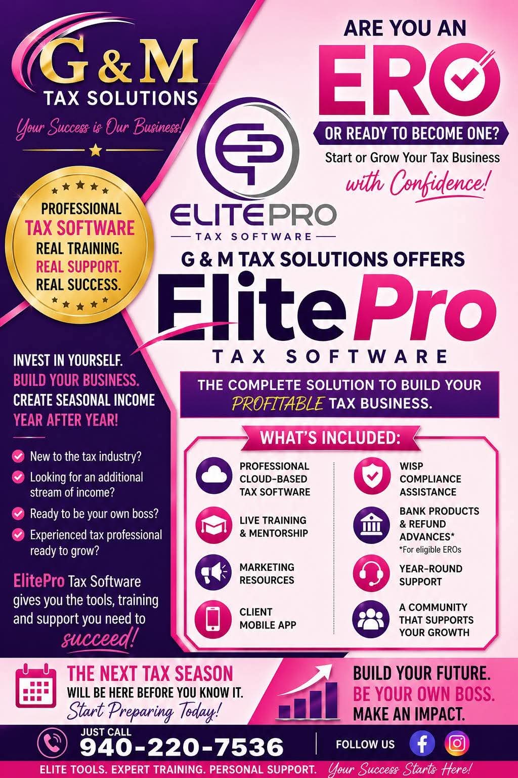 G&M Tax Solutions offers ElitePro Tax Software — professional cloud-based software, live training and mentorship, marketing resources, client mobile app, WISP compliance assistance, bank products and refund advances, and year-round support